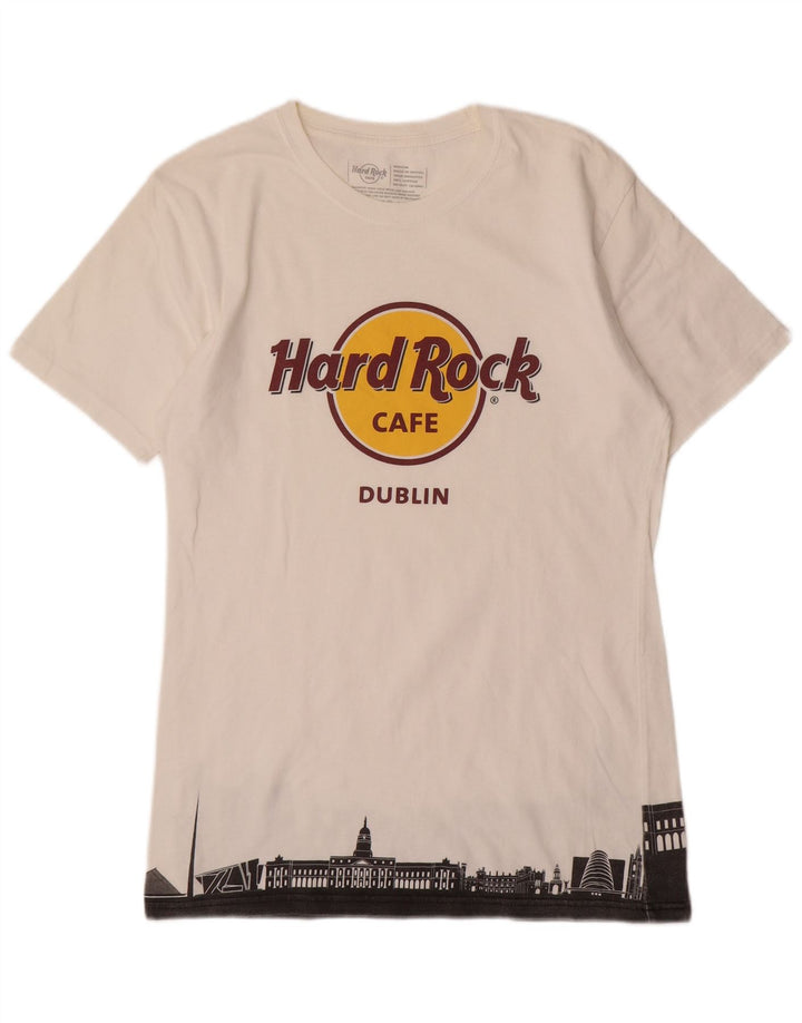 Camiseta masculina Hard Rock Cafe Dublin com estampa gráfica de algodão branco médio