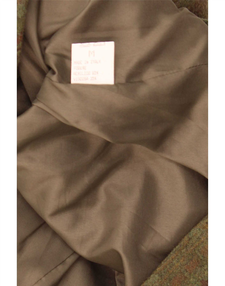 Jaqueta blazer feminina vintage com peito duplo Reino Unido 14 médio cáqui geométrico