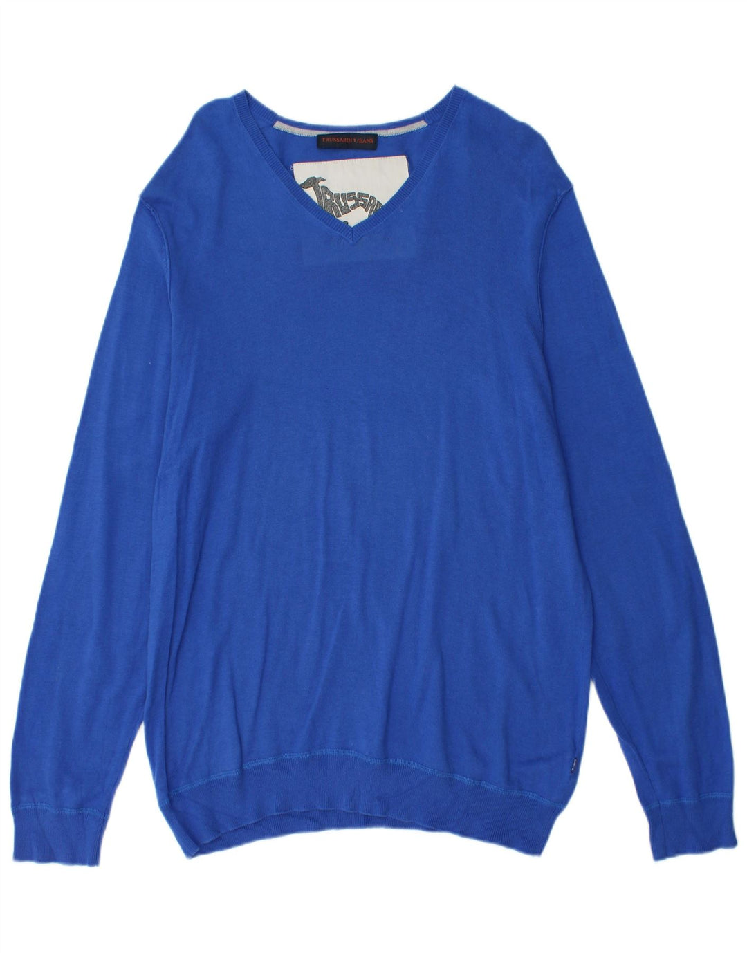 Suéter masculino TRUSSARDI JEANS com decote em V grande algodão azul