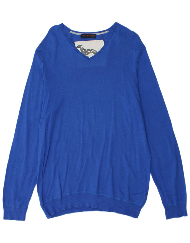 Suéter masculino TRUSSARDI JEANS com decote em V grande algodão azul