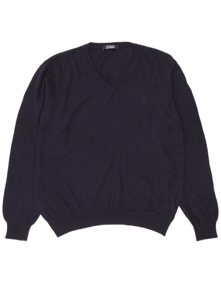 Suéter masculino Trussardi com decote em V grande poliéster azul marinho