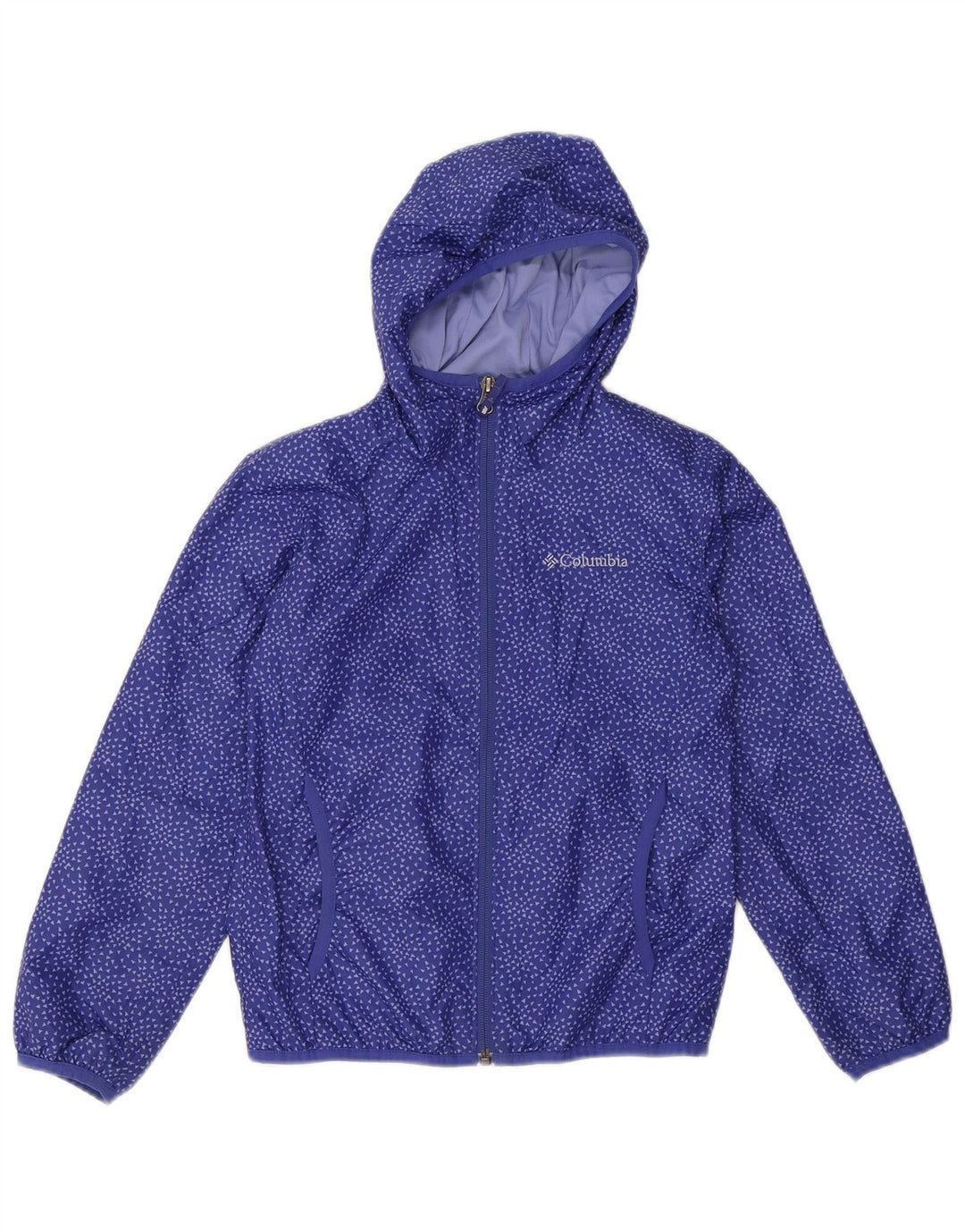 Jaqueta de chuva com capuz Columbia para meninas 7-8 anos de poliéster geométrico azul pequeno
