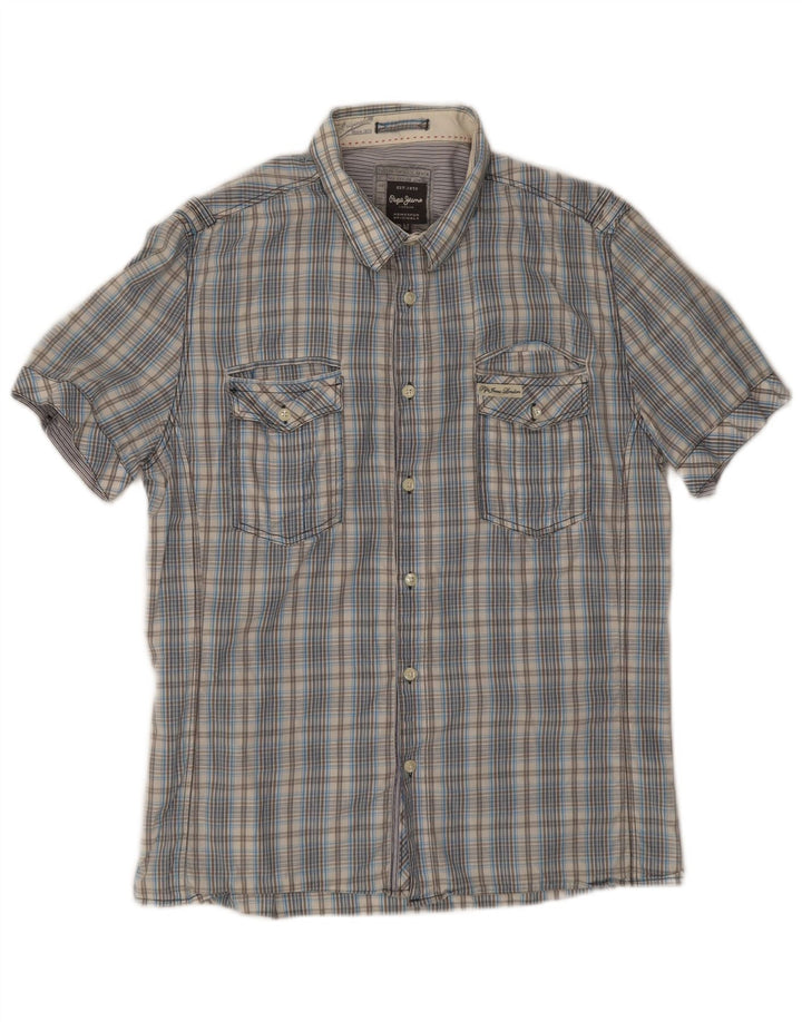 Camisa masculina PEPE Jeans Slim Fit manga curta azul médio xadrez algodão
