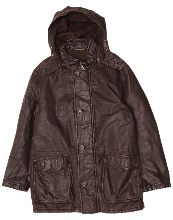 Casaco de couro com capuz masculino vintage UK 42 XL marrom