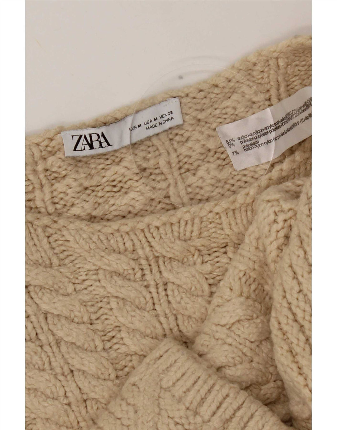 Zara Suéter feminino cropped superdimensionado com gola redonda Reino Unido 14 médio bege