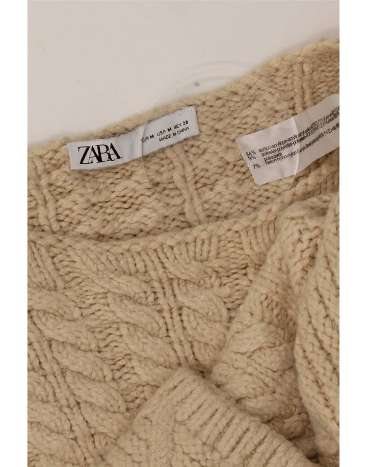 Zara Suéter feminino cropped superdimensionado com gola redonda Reino Unido 14 médio bege