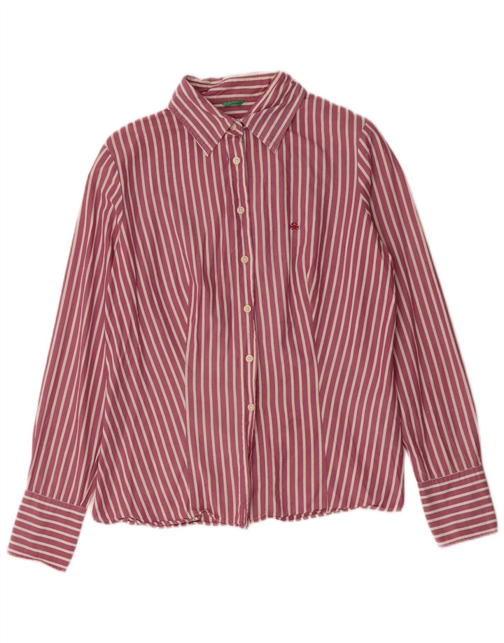 Camisa feminina Benetton UK 16 grande algodão listrado rosa