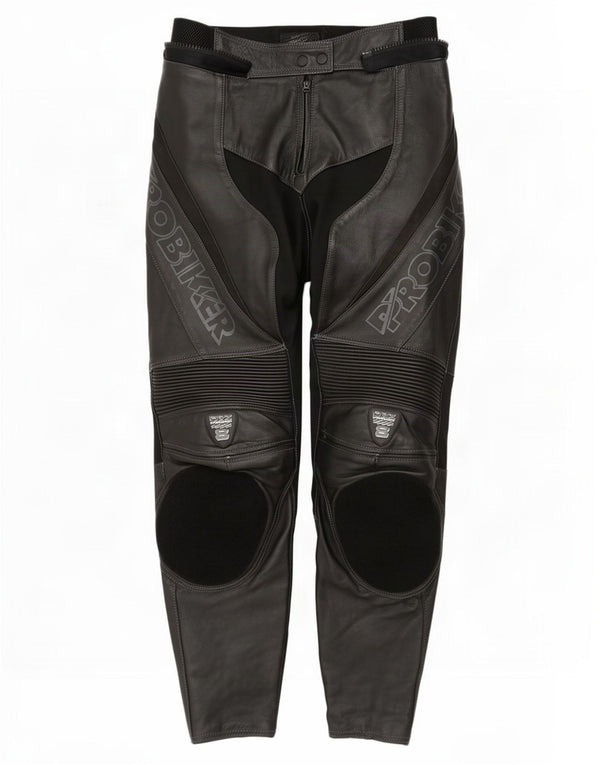 Calça feminina Probiker de couro Moto Racer Reino Unido 14 médio W30 L30 preta