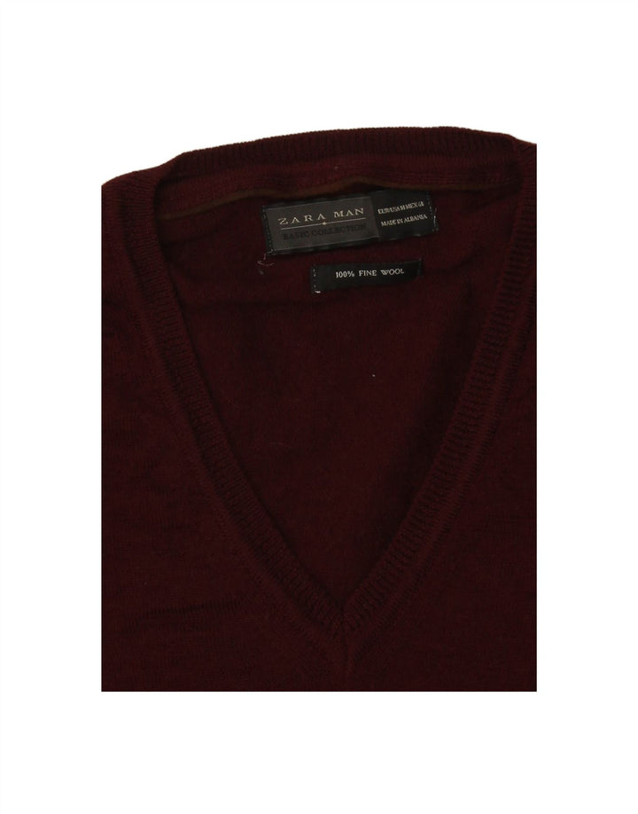 Suéter masculino ZARA com decote em V médio de lã cor de vinho