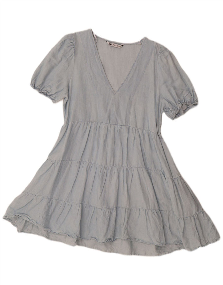Vestido feminino Zara em camadas UK 10 pequeno algodão azul