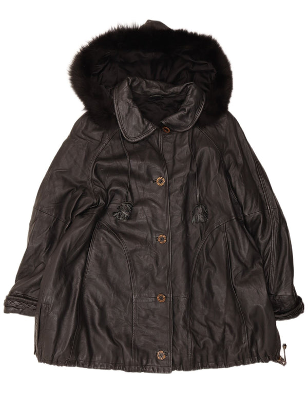 Casaco de couro grande com capuz feminino vintage IT 44 médio preto