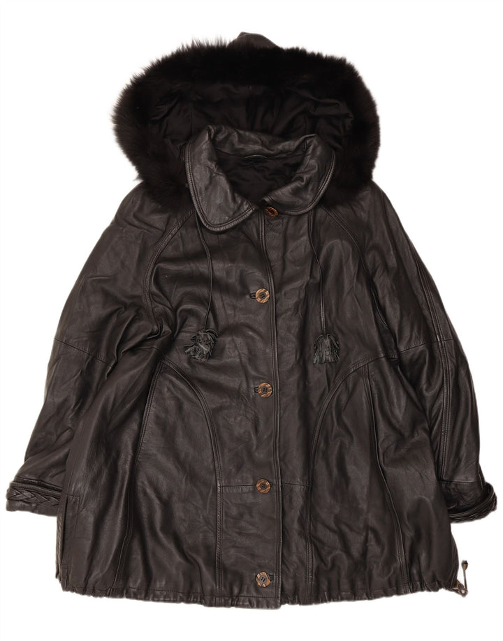 Casaco de couro grande com capuz feminino vintage IT 44 médio preto