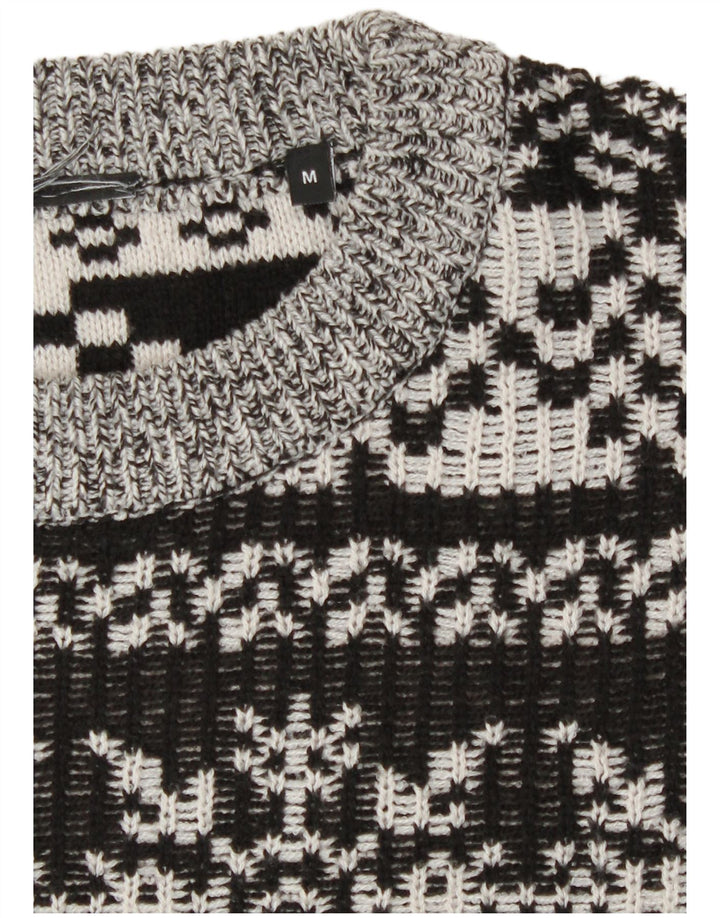 Suéter masculino vintage com gola redonda cinza médio Fair Isle