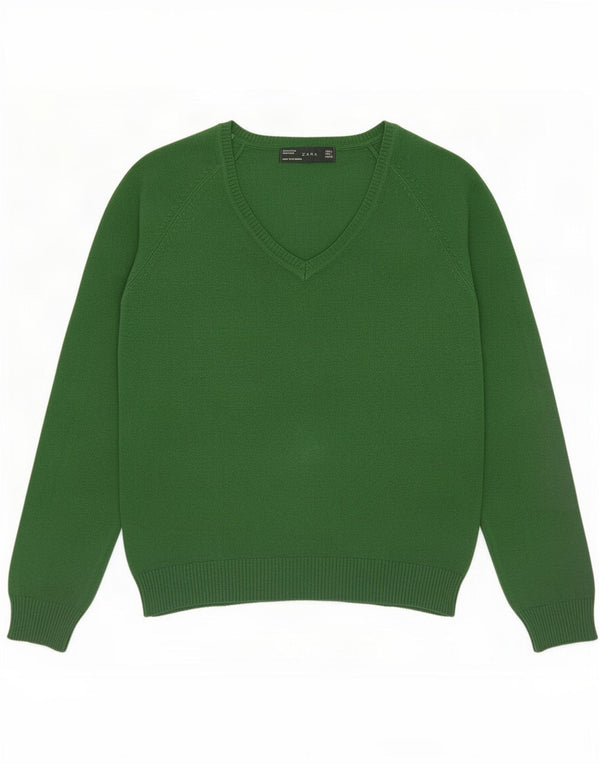 Suéter feminino Zara com decote em V Reino Unido 14 grande algodão verde