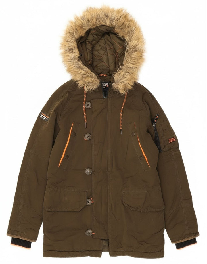 Jaqueta Parka com capuz superdimensionada feminina Superdry Reino Unido 6 XS cáqui poliéster