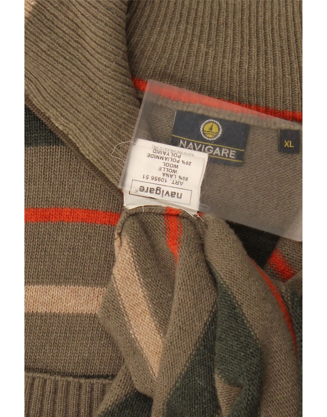 NAVIGARE Mens Zip Neck Jumper Sweater XL Khaki Striped Wool Vintage Navigare and Second-Hand Navigare from Messina Hembry 