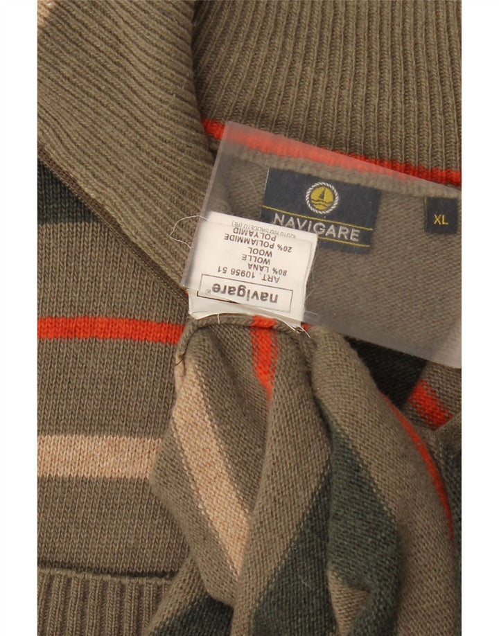 NAVIGARE Mens Zip Neck Jumper Sweater XL Khaki Striped Wool Vintage Navigare and Second-Hand Navigare from Messina Hembry 
