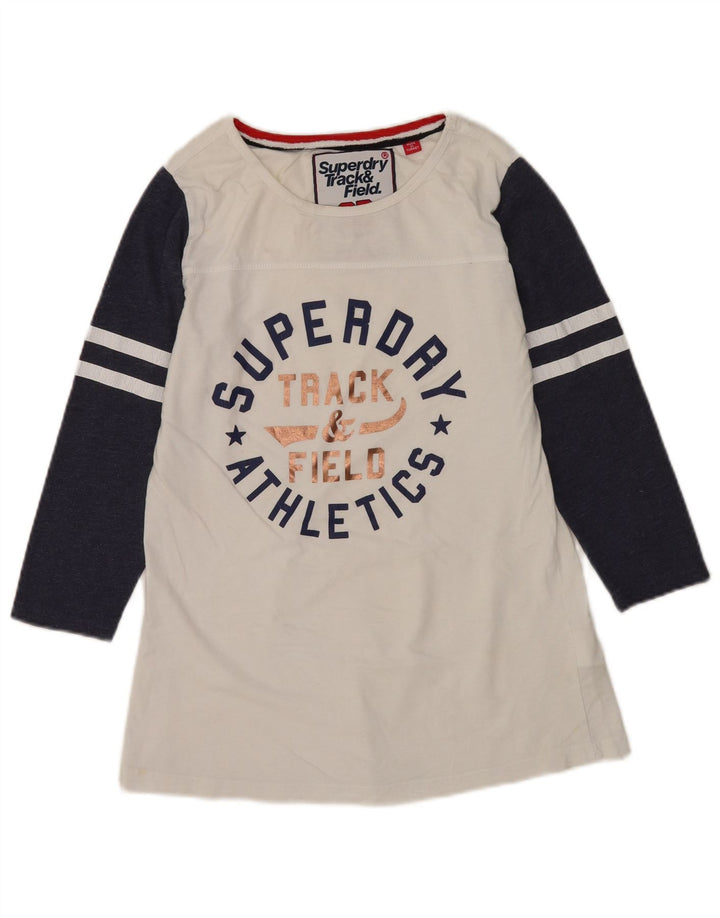 Top gráfico feminino Superdry manga 3/4 UK 12 médio branco colorblock
