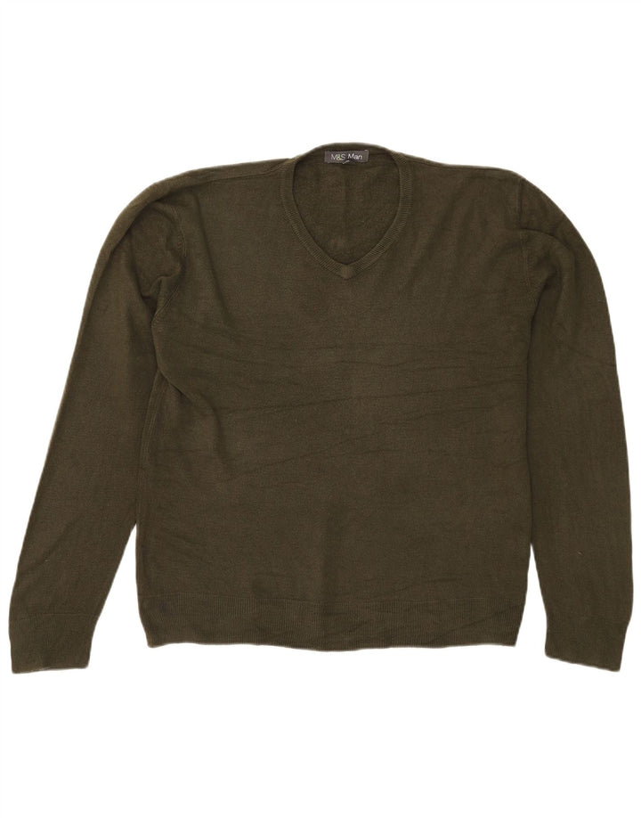 Suéter masculino Marks & Spencer com decote em V grande acrílico cáqui