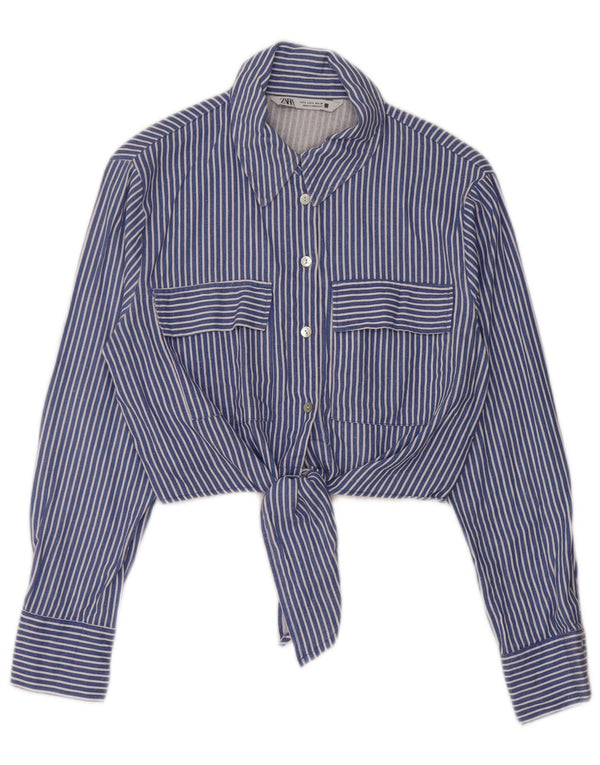 Blusa feminina Zara com gravata frontal e listrada azul Reino Unido 10