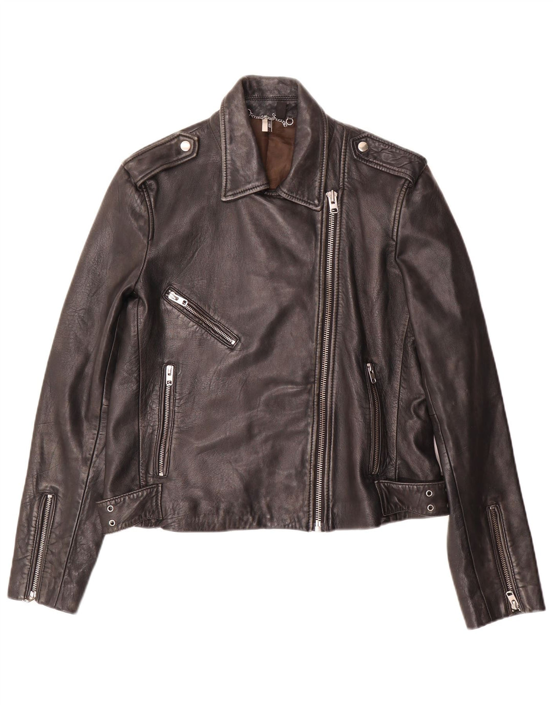 Jaqueta feminina de couro para motociclista Topshop Reino Unido 14 grande pele de cordeiro preta