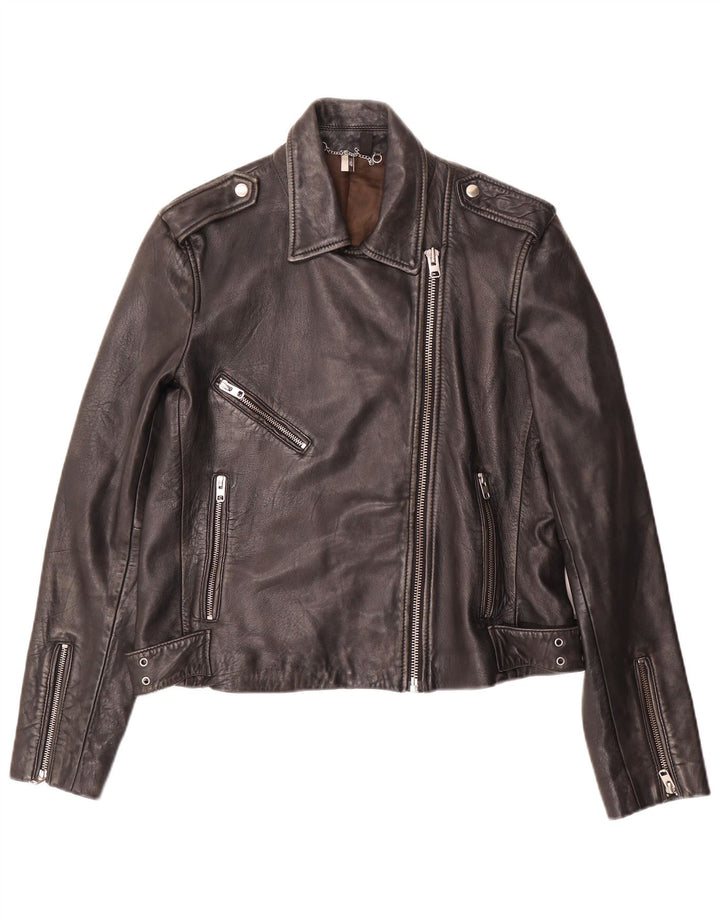 Jaqueta feminina de couro para motociclista Topshop Reino Unido 14 grande pele de cordeiro preta
