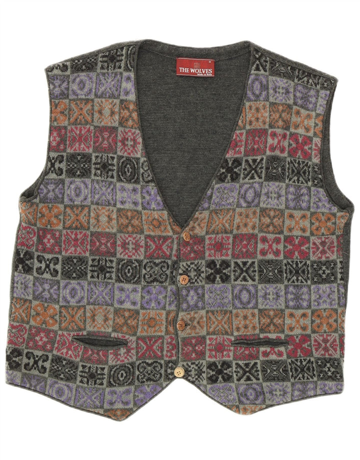 Colete de malha masculino vintage IT 52 grandes retalhos cáqui