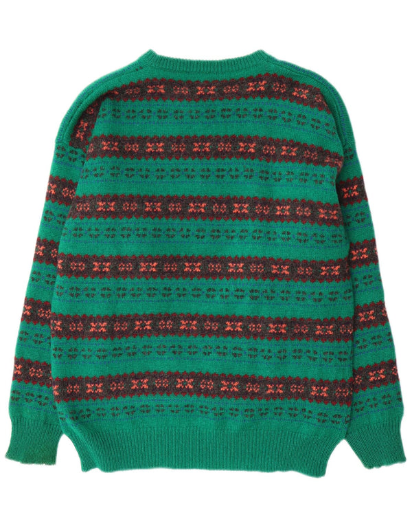 Suéter vintage masculino com gola redonda, grande lã verde Fair Isle
