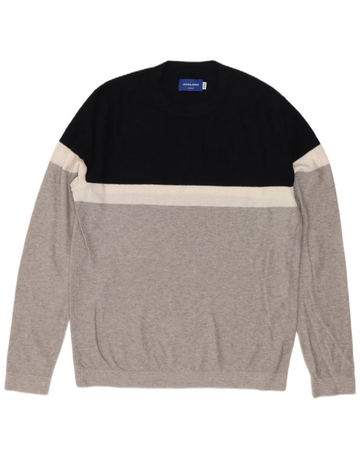 Suéter masculino Jack & Jones com gola redonda e algodão colorblock cinza médio
