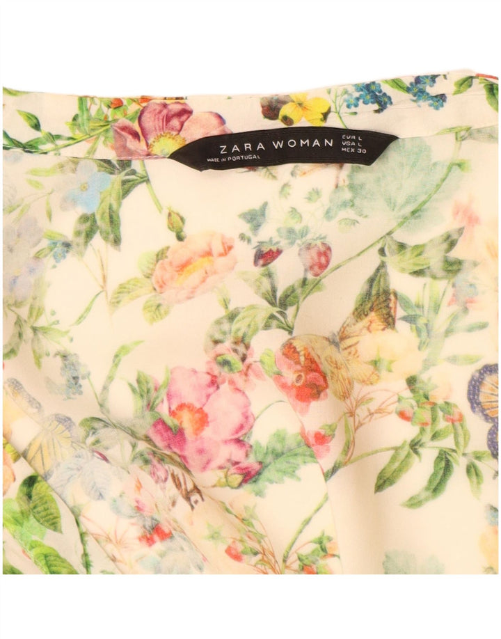 ZARA blusa feminina longline manga comprida top UK 16 grande off white floral