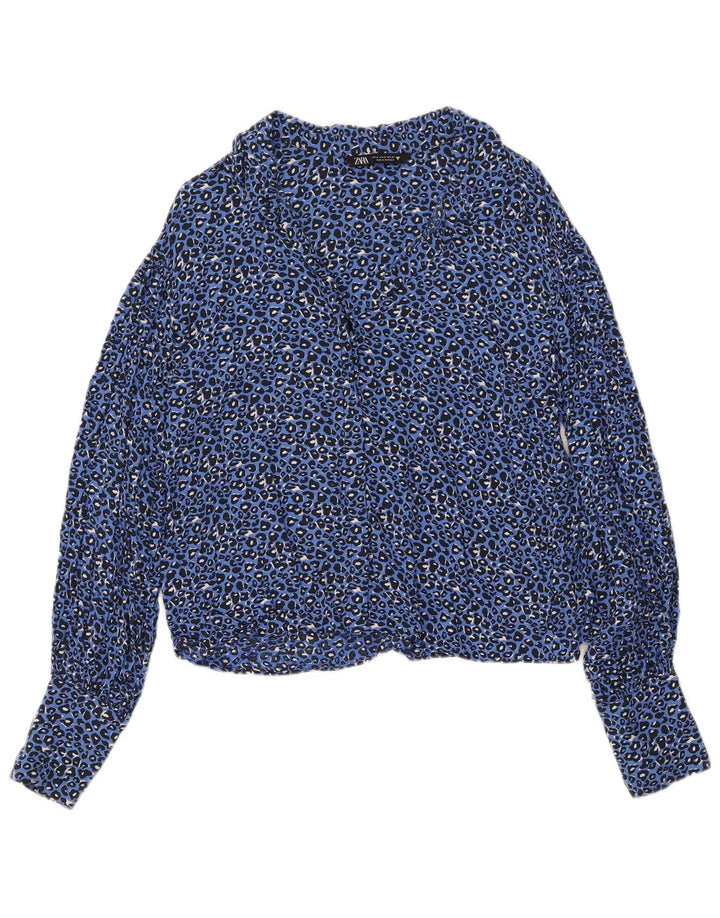 Camisa feminina Zara UK 14 azul médio estampa animal