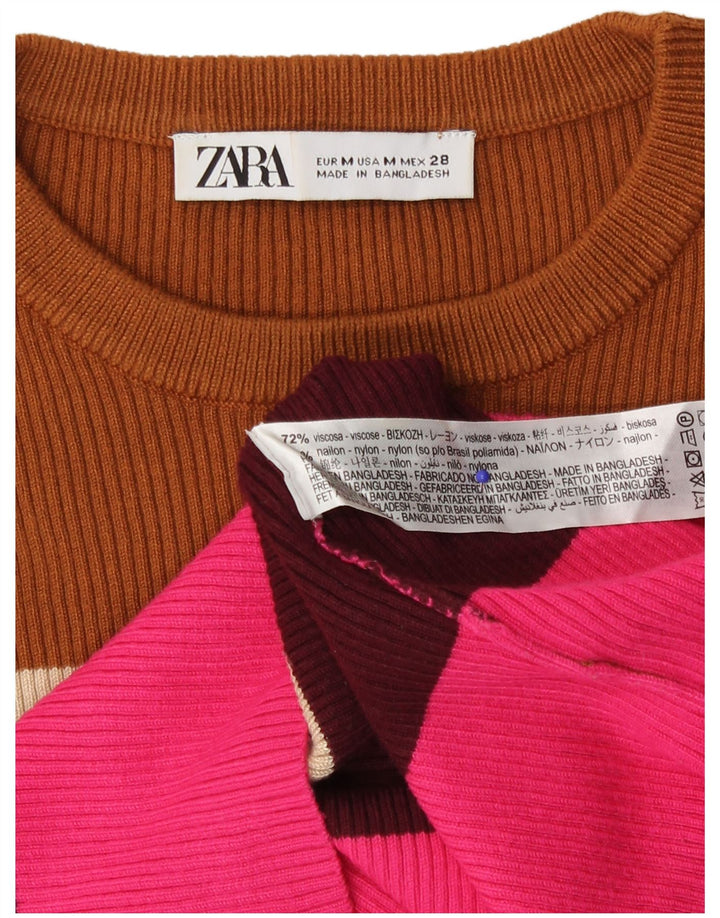 Suéter feminino Zara com gola redonda e listras multicoloridas UK 14