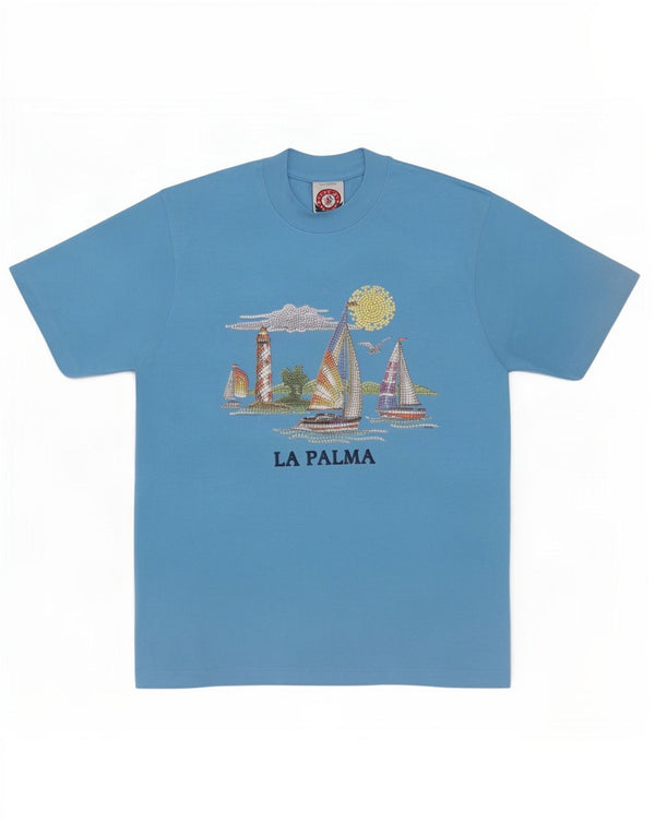 Camiseta gráfica masculina vintage de algodão azul médio