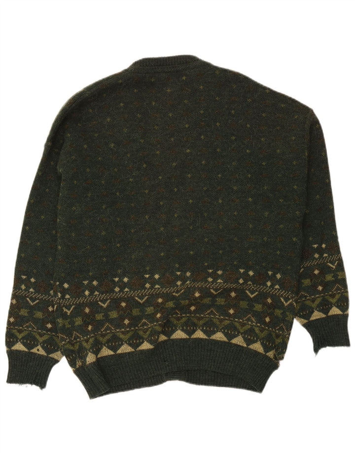 Suéter cardigã masculino vintage grande verde Fair Isle