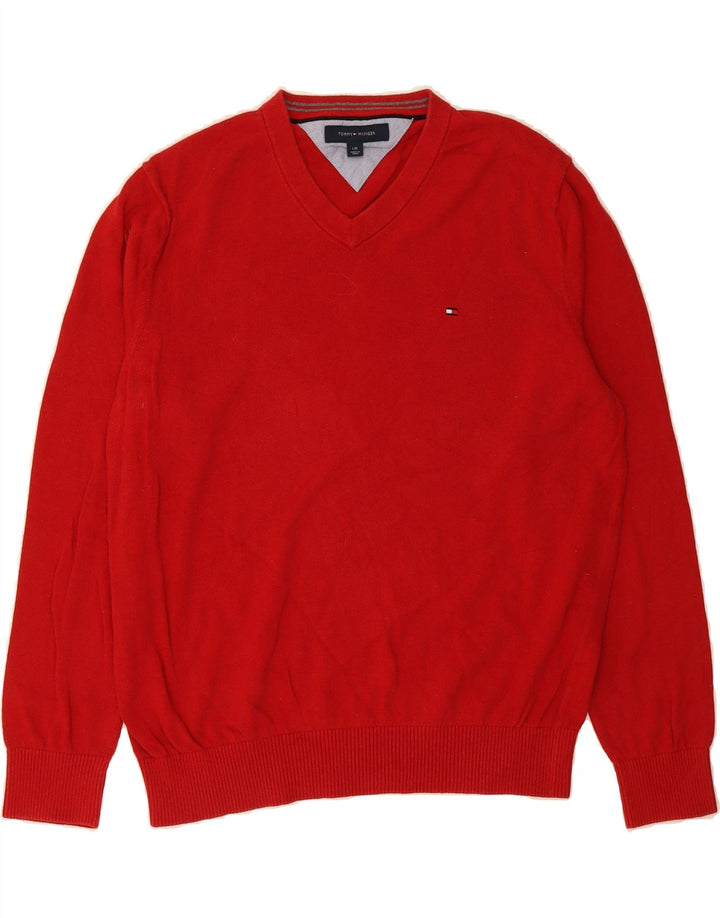 TOMMY HILFIGER Mens V-Neck Jumper Sweater Large Red Cotton Vintage Tommy Hilfiger and Second-Hand Tommy Hilfiger from Messina Hembry 