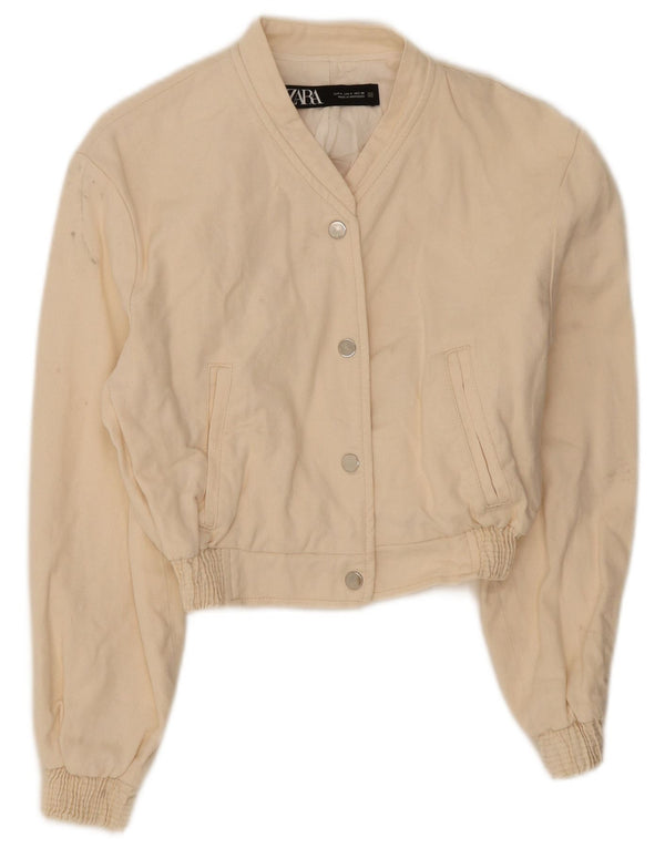 Zara Womens Crop Bomber Jacket UK 10 Pequeno Off White