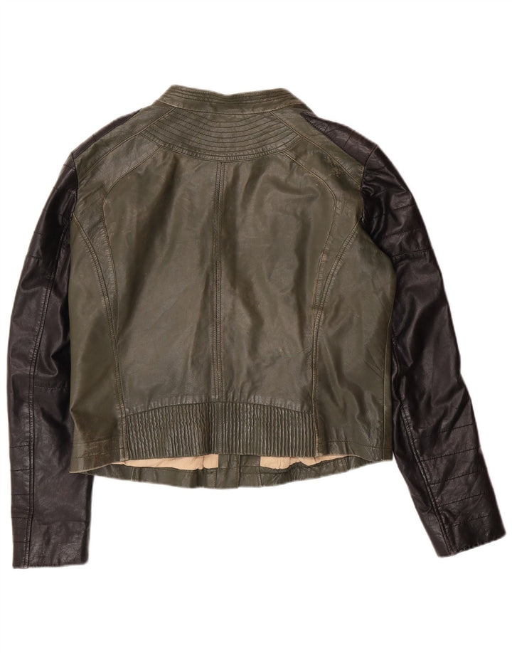 Jaqueta feminina Crop Biker DAVID MOORE Reino Unido 16 grande couro verde colorblock