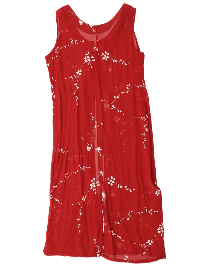 Vestido maxi feminino sem mangas VINTAGE Reino Unido 14 grande viscose floral vermelha