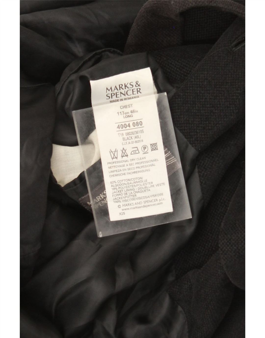 Jaqueta blazer masculina de 3 botões Marks & Spencer Reino Unido 46 XL algodão preto