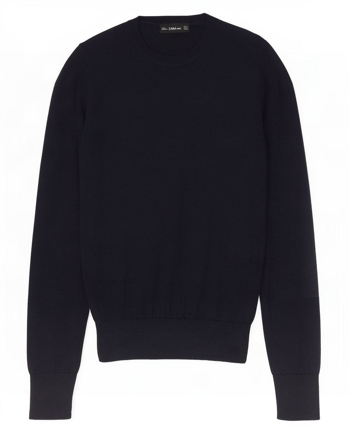 Zara Suéter feminino cropped com gola redonda Reino Unido 10 pequeno azul marinho poliéster