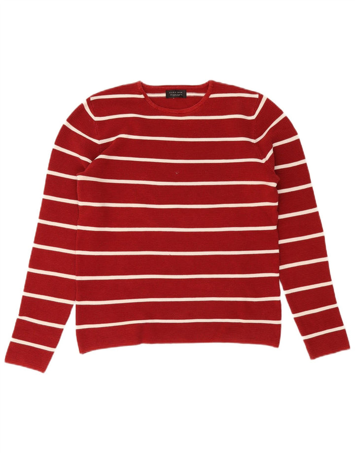 Zara Suéter masculino com gola redonda listrado vermelho médio