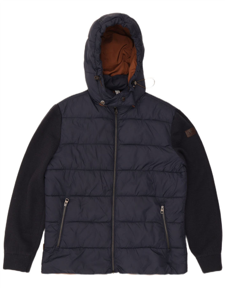 Jaqueta masculina acolchoada com capuz Fynch Hatton Reino Unido 38 bloco colorido azul marinho médio