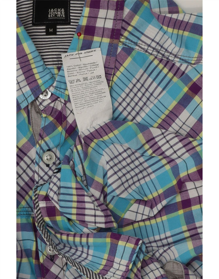 JACK & JONES Camisa masculina de manga curta de algodão xadrez azul médio