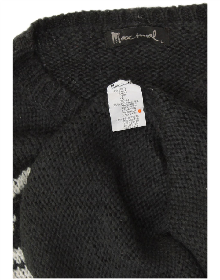 Suéter feminino VINTAGE com gola redonda Reino Unido 16 grande lã preta Fair Isle