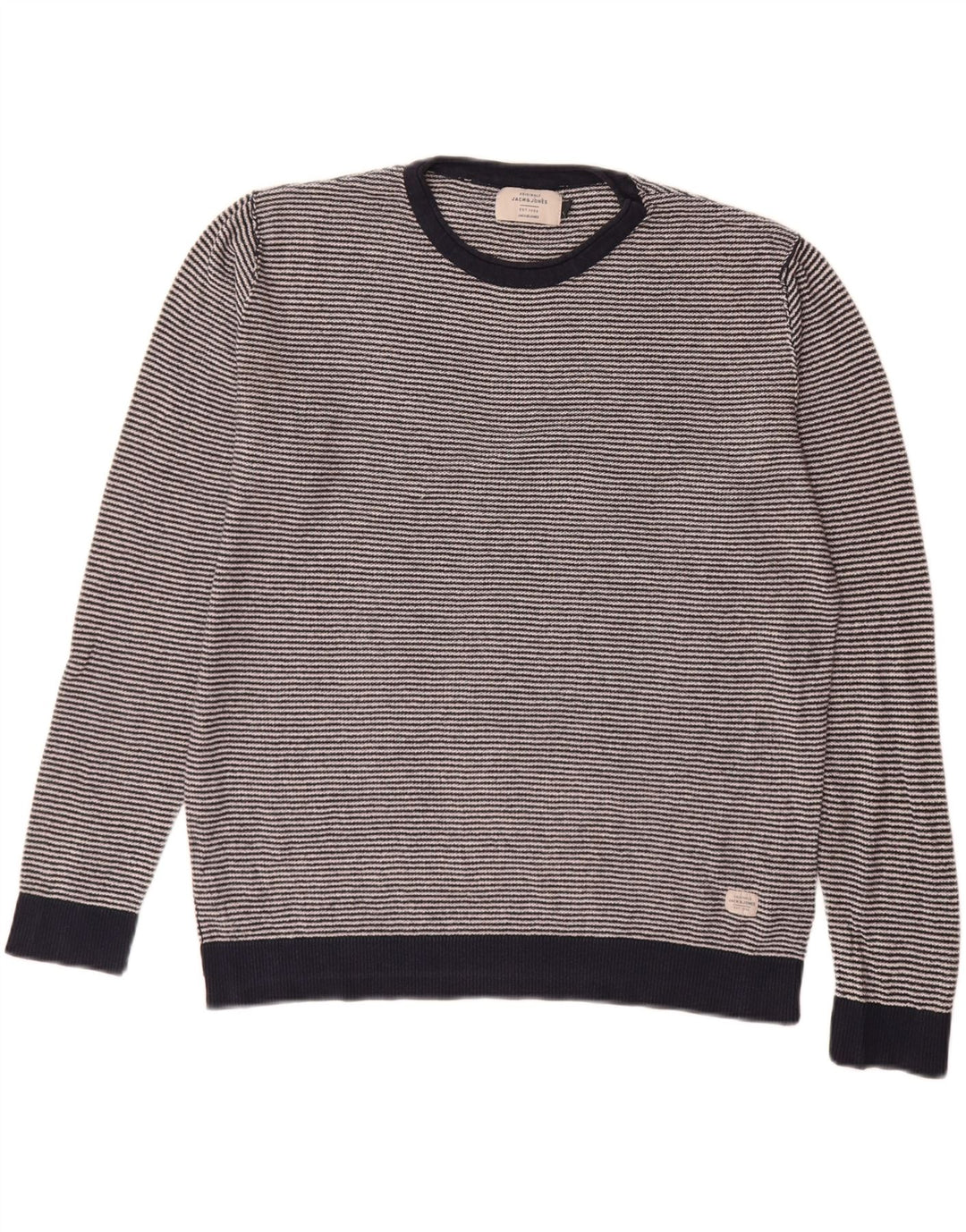 Jack & Jones Suéter masculino com gola redonda grande listrado azul marinho
