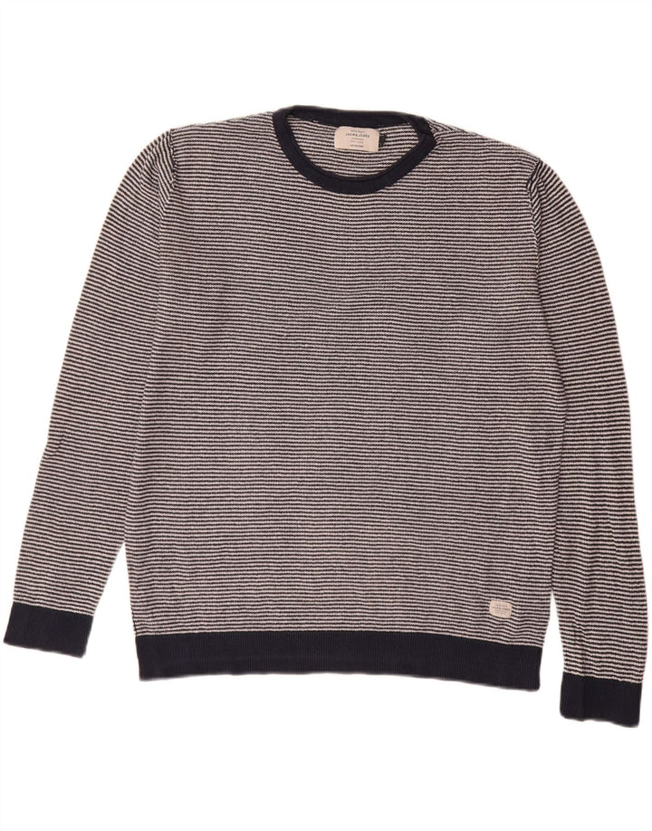 Jack & Jones Suéter masculino com gola redonda grande listrado azul marinho