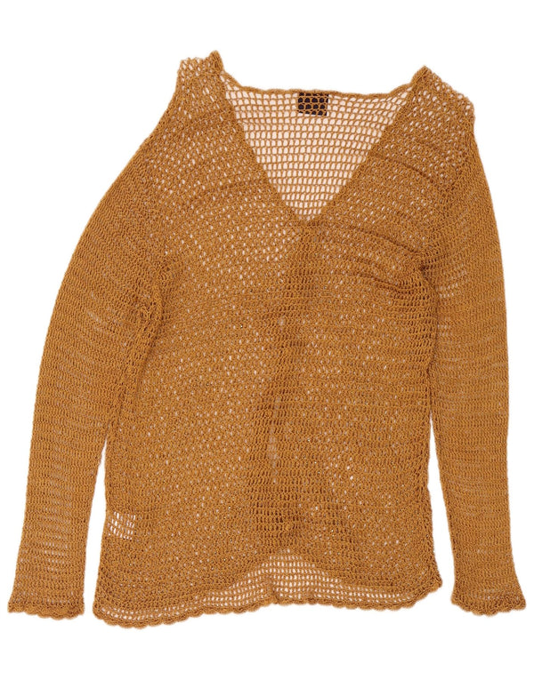 Suéter cardigã de crochê feminino vintage Reino Unido 14 grande rayon bege