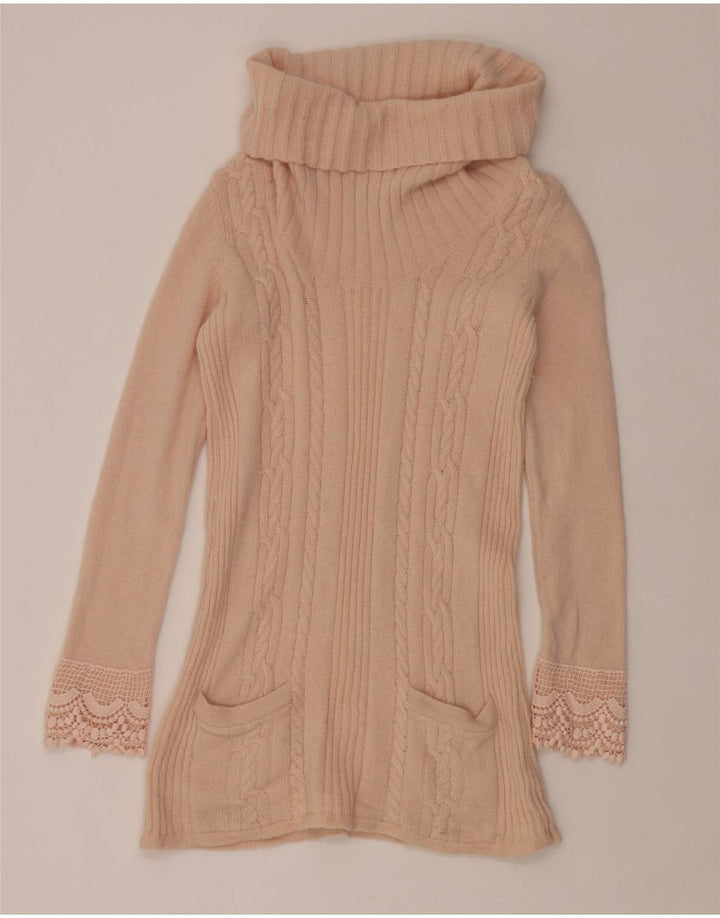 Suéter feminino Laura Ashley com gola redonda Reino Unido 12 lã de cordeiro rosa médio