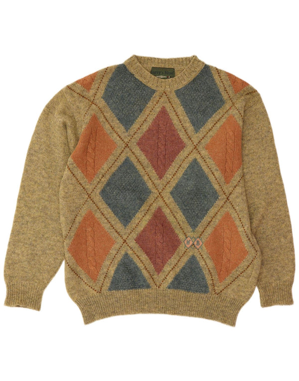 Suéter vintage masculino com gola redonda, verde médio, Argyle/lã diamante