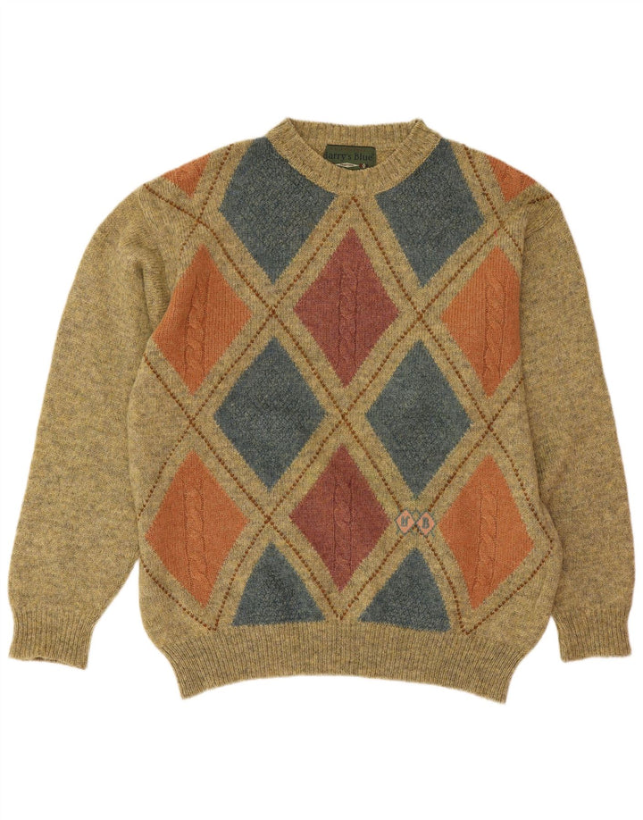 Suéter vintage masculino com gola redonda, verde médio, Argyle/lã diamante